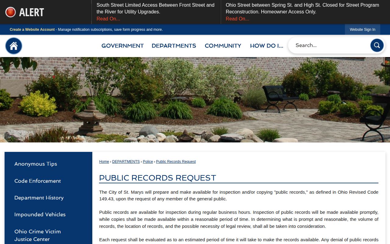 Auglaize County St. Marys public records policy for arrest records